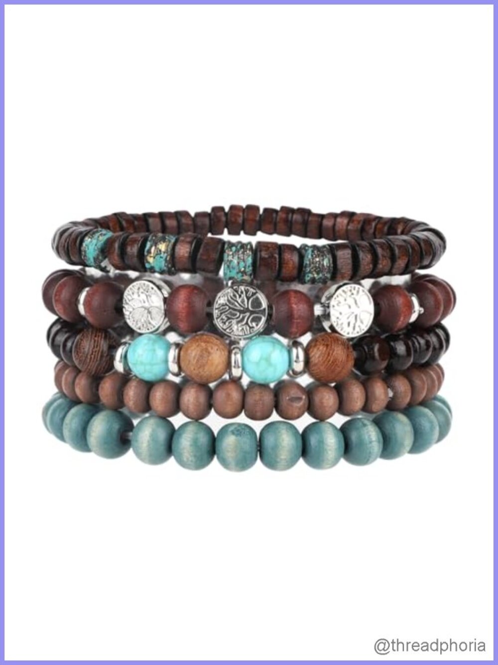 Boho Turquoise Beaded Bracelets for Women, Multilayer Stackable Wood & Alloy